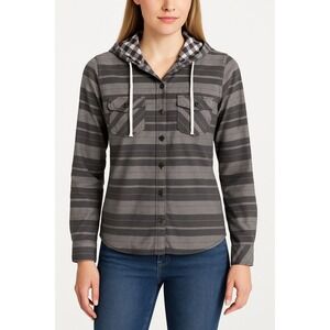 Columbia Womens Hooded Shirt Gray Striped Button Down Top‎ XS Casual